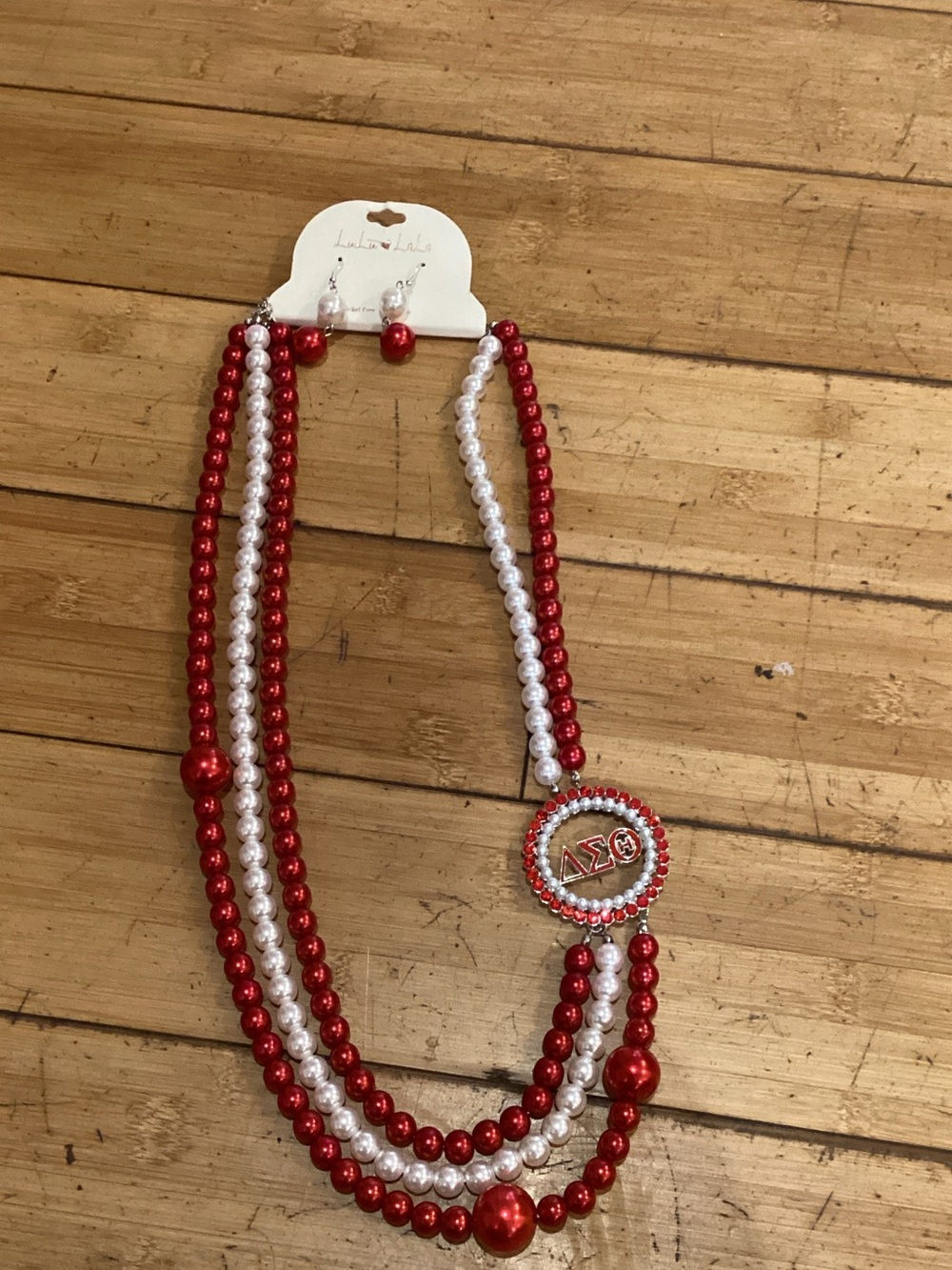 Red and White Triple-Strand Beaded Necklace with Delta Sigma Theta Medallion